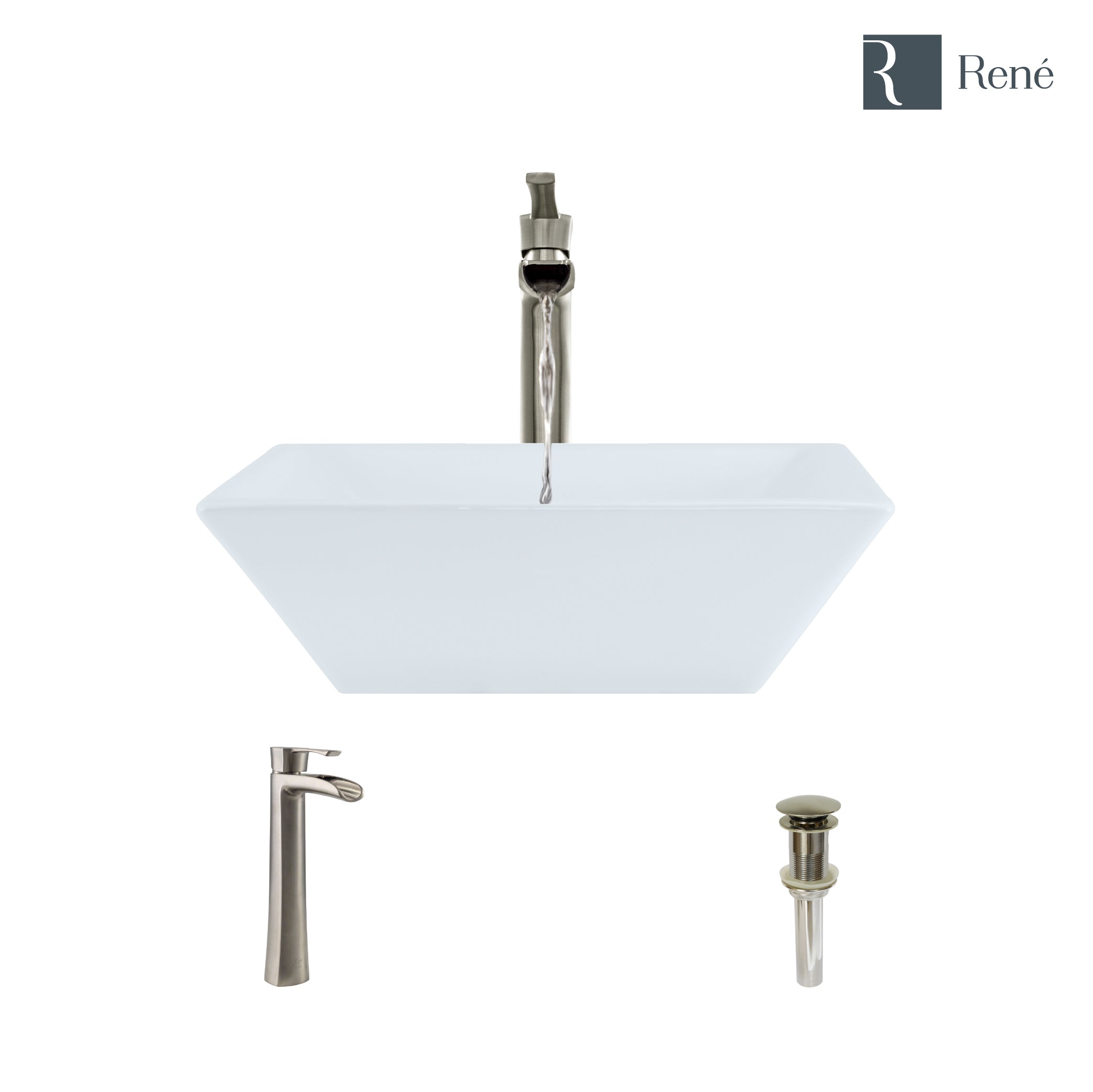 Rene 16" Square Porcelain Bathroom Sink, White, with Faucet, R2-5010-W-R9-7007-BN
