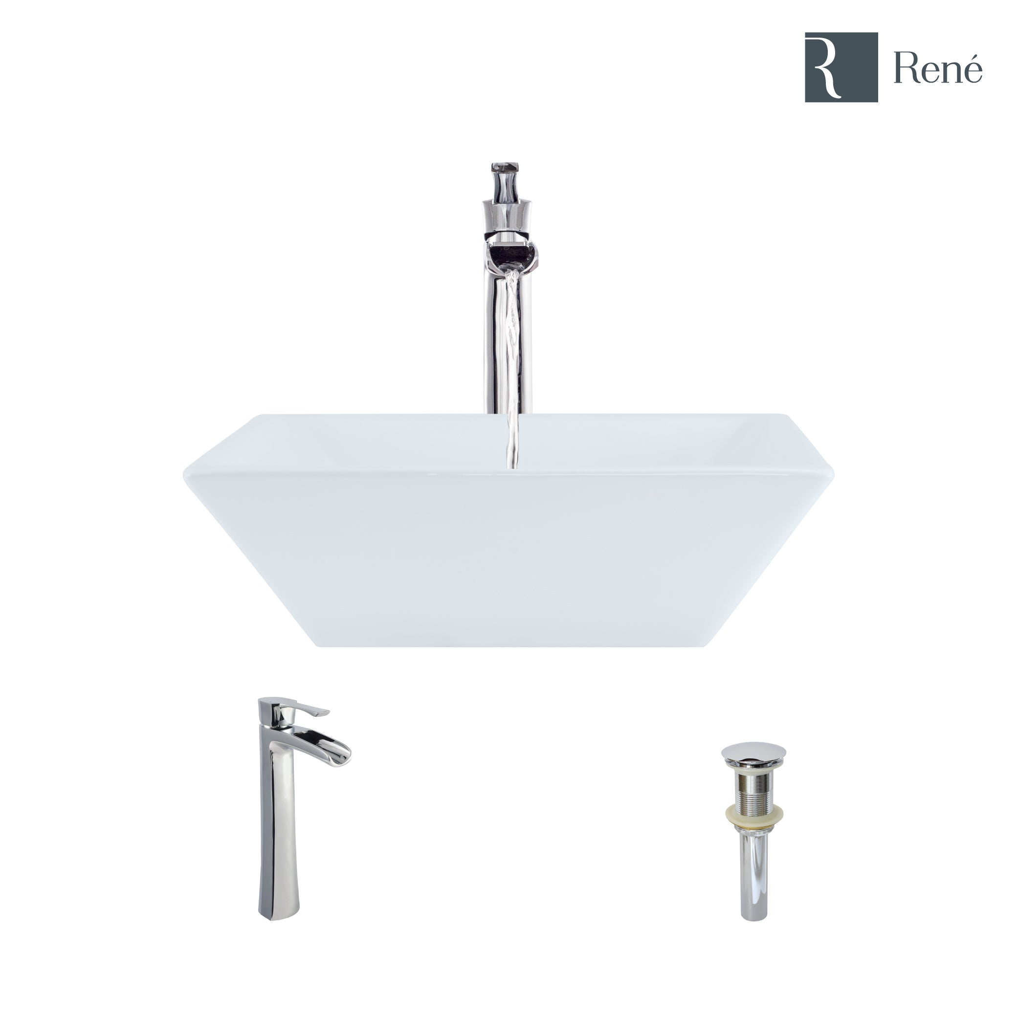 Alternate Image for Rene 16" Square Porcelain Bathroom Sink, White, with Faucet, R2-5010-W-R9-7007-C