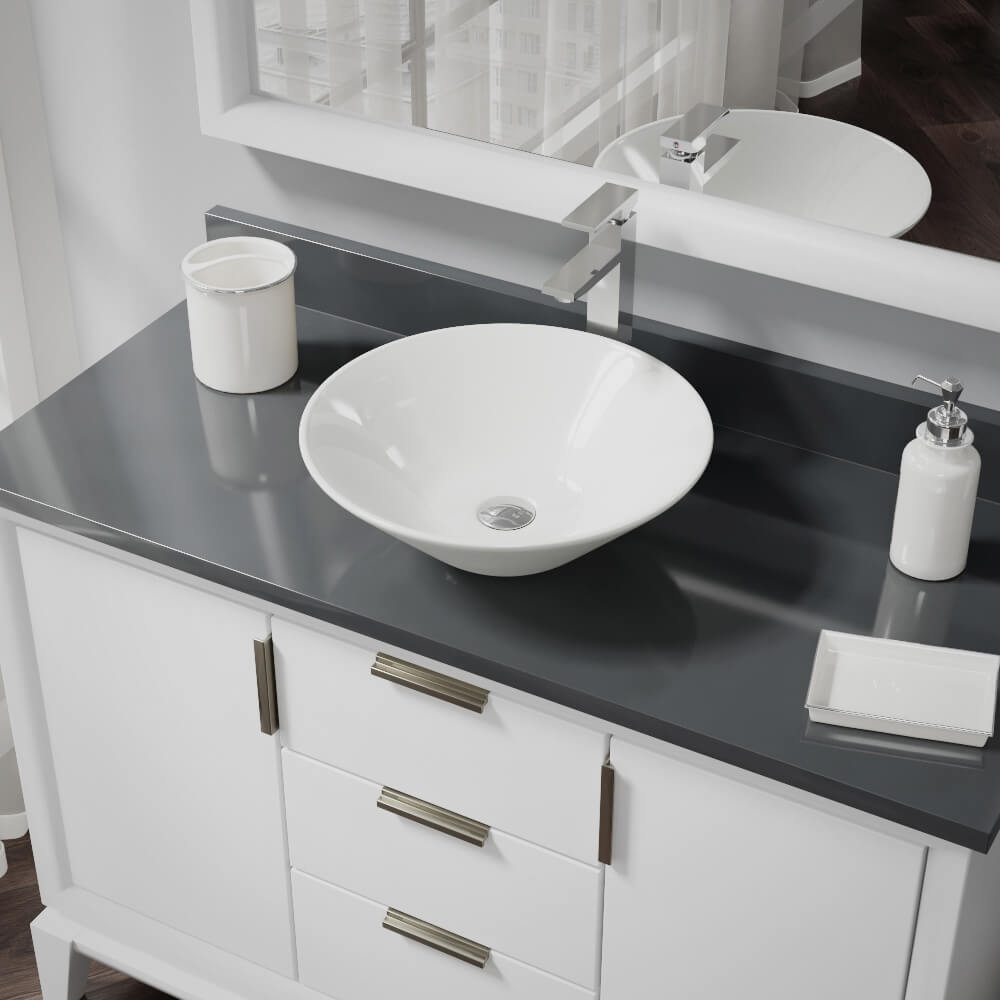 Alternate Image for Rene 17" Round Porcelain Bathroom Sink, Biscuit, with Faucet, R2-5015-B-R9-7003-C