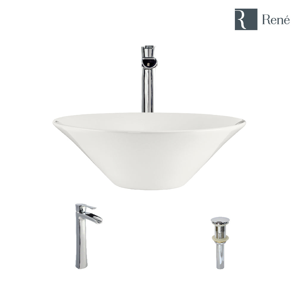 Rene 17" Round Porcelain Bathroom Sink, Biscuit, with Faucet, R2-5015-B-R9-7007-C