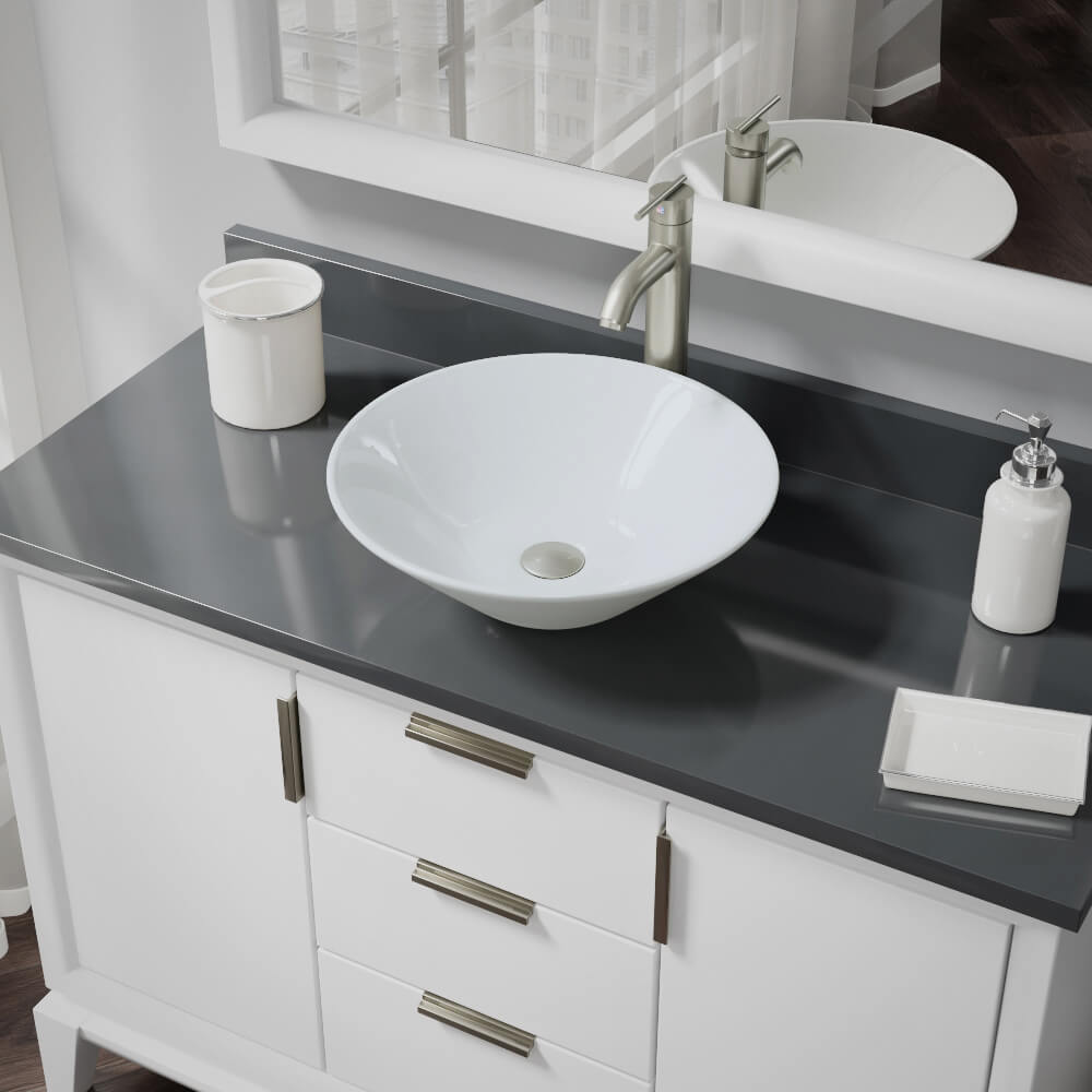 Alternate Image for Rene 17" Round Porcelain Bathroom Sink, White, with Faucet, R2-5015-W-R9-7001-BN