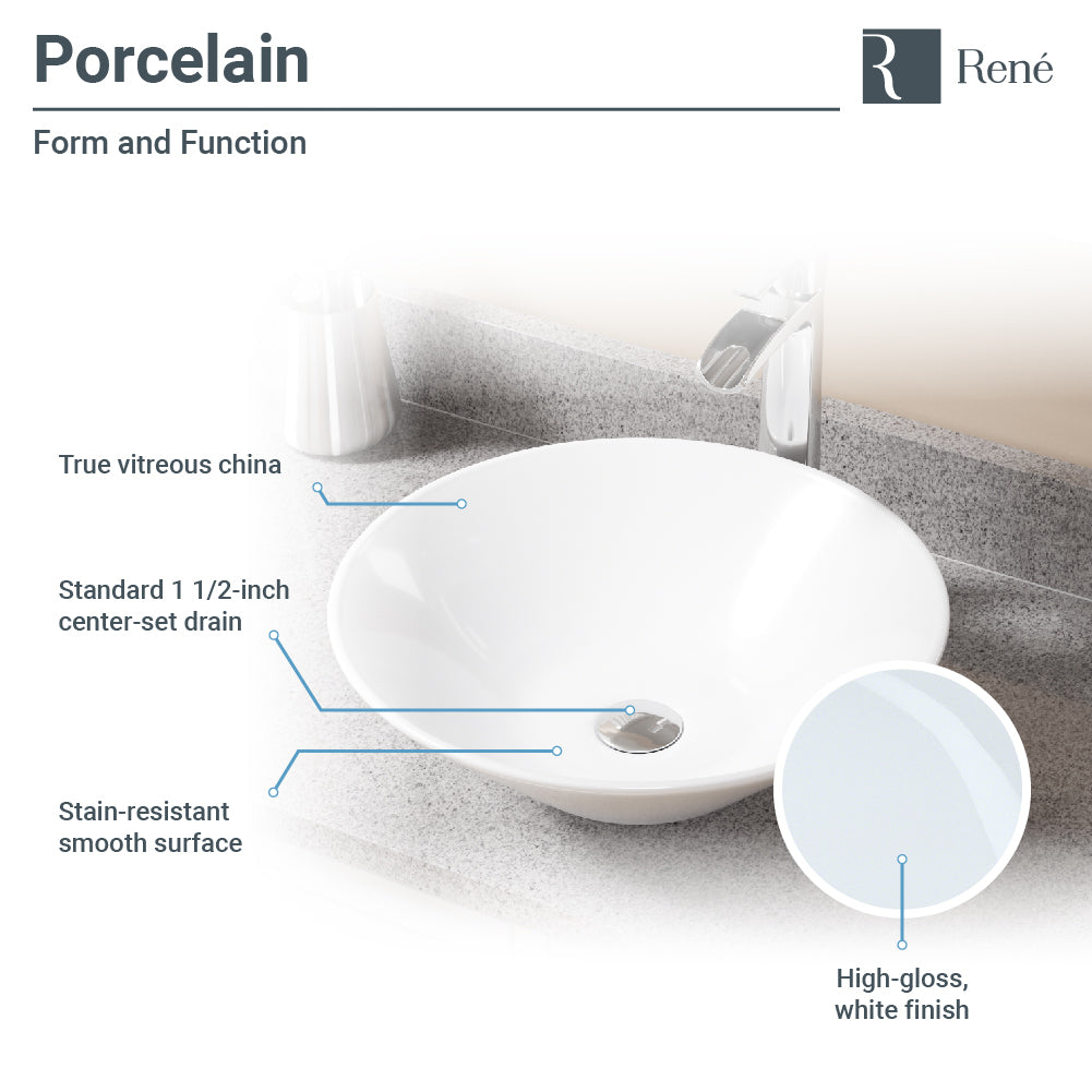 Rene 17" Round Porcelain Bathroom Sink, White, with Faucet, R2-5015-W-R9-7001-C - The Sink Boutique