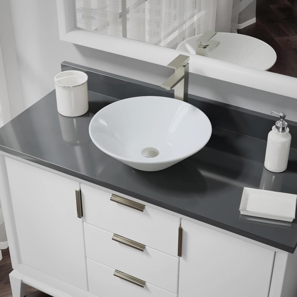 Alternate Image for Rene 17" Round Porcelain Bathroom Sink, White, with Faucet, R2-5015-W-R9-7003-BN