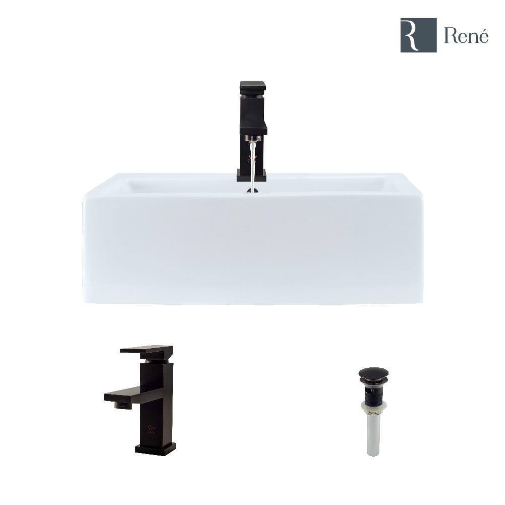 Rene 21" Rectangle Porcelain Bathroom Sink, White, with Faucet, R2-5018-W-R9-7002-ABR
