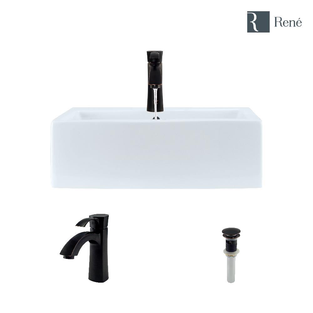 Rene 21" Rectangle Porcelain Bathroom Sink, White, with Faucet, R2-5018-W-R9-7005-ABR