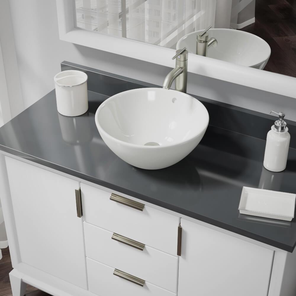 Alternate Image for Rene 16" Round Porcelain Bathroom Sink, Biscuit, with Faucet, R2-5031-B-R9-7001-BN