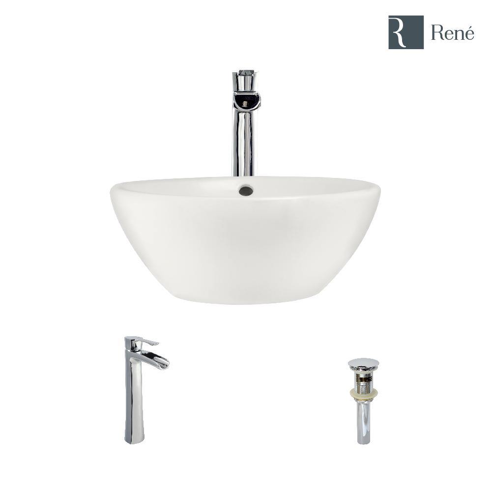 Alternate Image for Rene 16" Round Porcelain Bathroom Sink, Biscuit, with Faucet, R2-5031-B-R9-7007-C