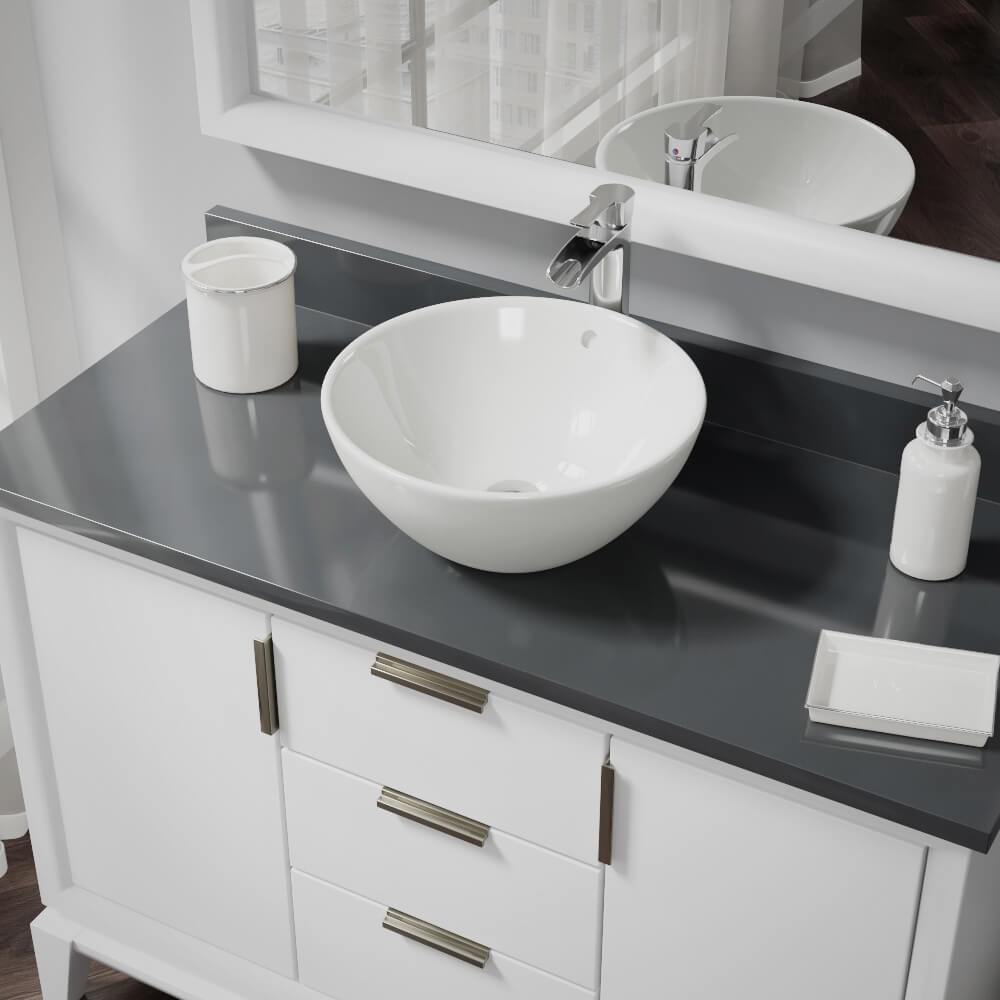 Alternate Image for Rene 16" Round Porcelain Bathroom Sink, Biscuit, with Faucet, R2-5031-B-R9-7007-C