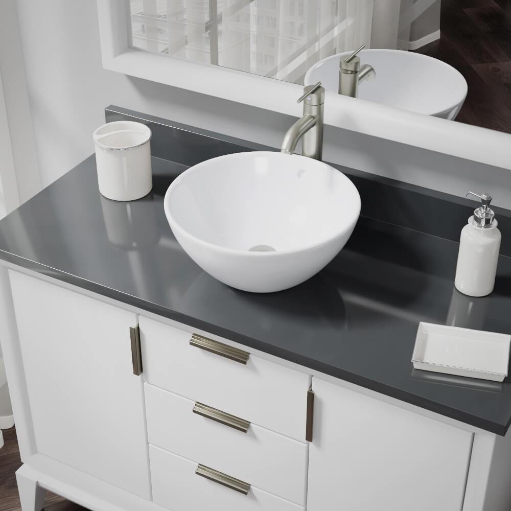 Alternate Image for Rene 16" Round Porcelain Bathroom Sink, White, with Faucet, R2-5031-W-R9-7001-BN