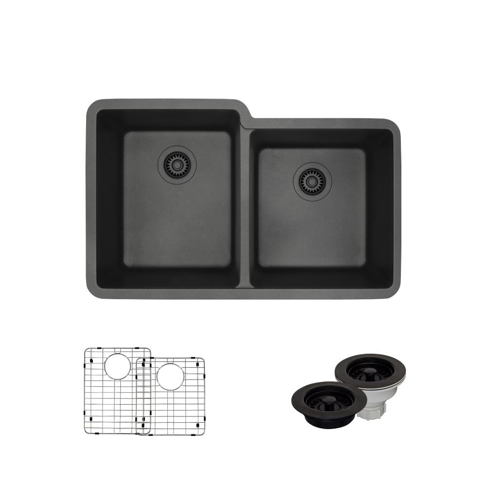 Rene 33" Composite Granite Kitchen Sink, 55/45 Double Bowl, Carbon, R3-1001-CAR-ST-CGF