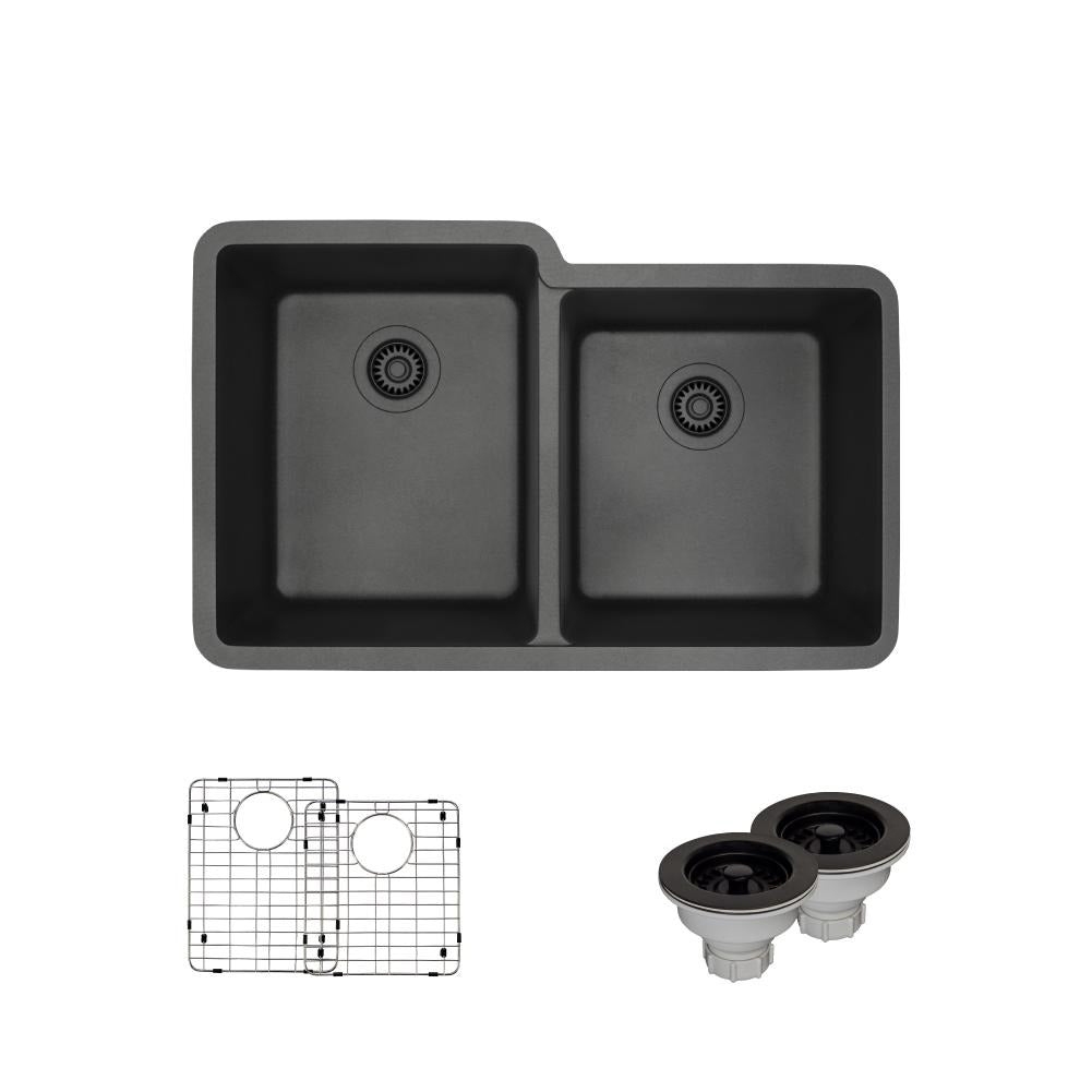 Rene 33" Composite Granite Kitchen Sink, 55/45 Double Bowl, Carbon, R3-1001-CAR-ST-CGS