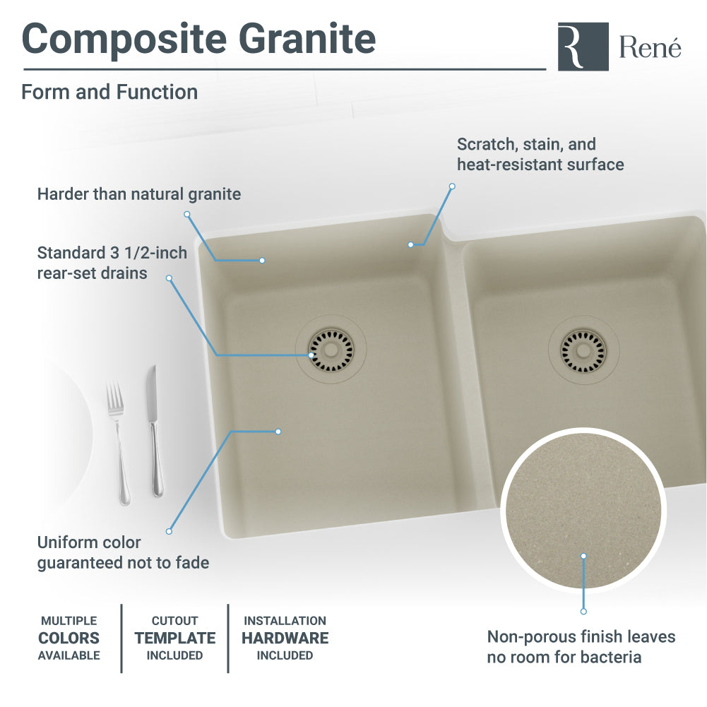 Rene 33" Composite Granite Kitchen Sink, 55/45 Double Bowl, Concrete, R3-1001-CON-ST-CGS - The Sink Boutique