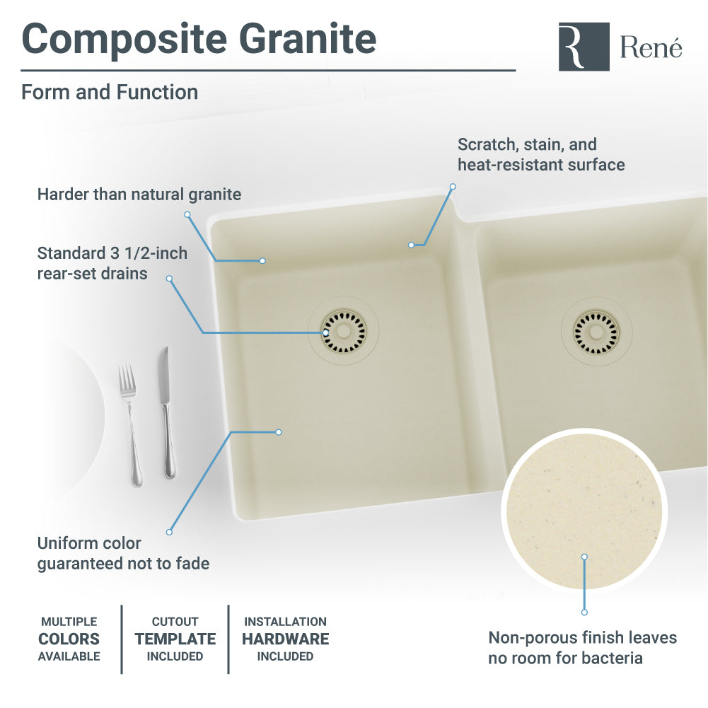 Rene 33" Composite Granite Kitchen Sink, 55/45 Double Bowl, Ecru, R3-1001-ECR-ST-CGF - The Sink Boutique