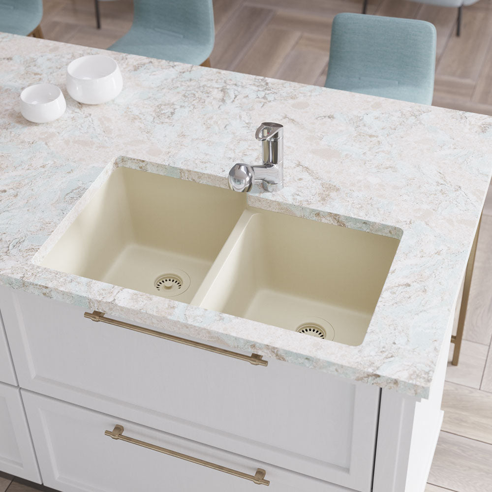 Alternate Image for Rene 33" Composite Granite Kitchen Sink, 55/45 Double Bowl, Ecru, R3-1001-ECR-ST-CGF