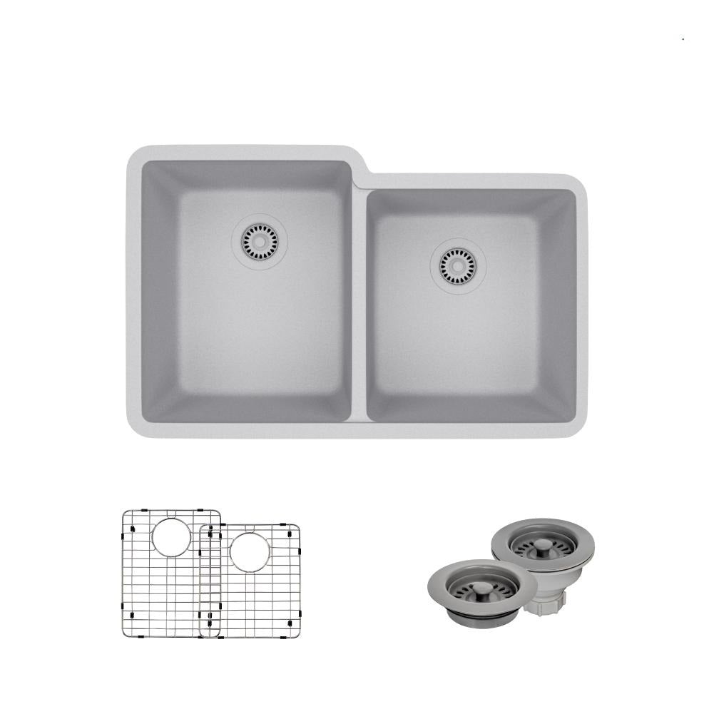 Rene 33" Composite Granite Kitchen Sink, 55/45 Double Bowl, Pewter, R3-1001-PWT-ST-CGF