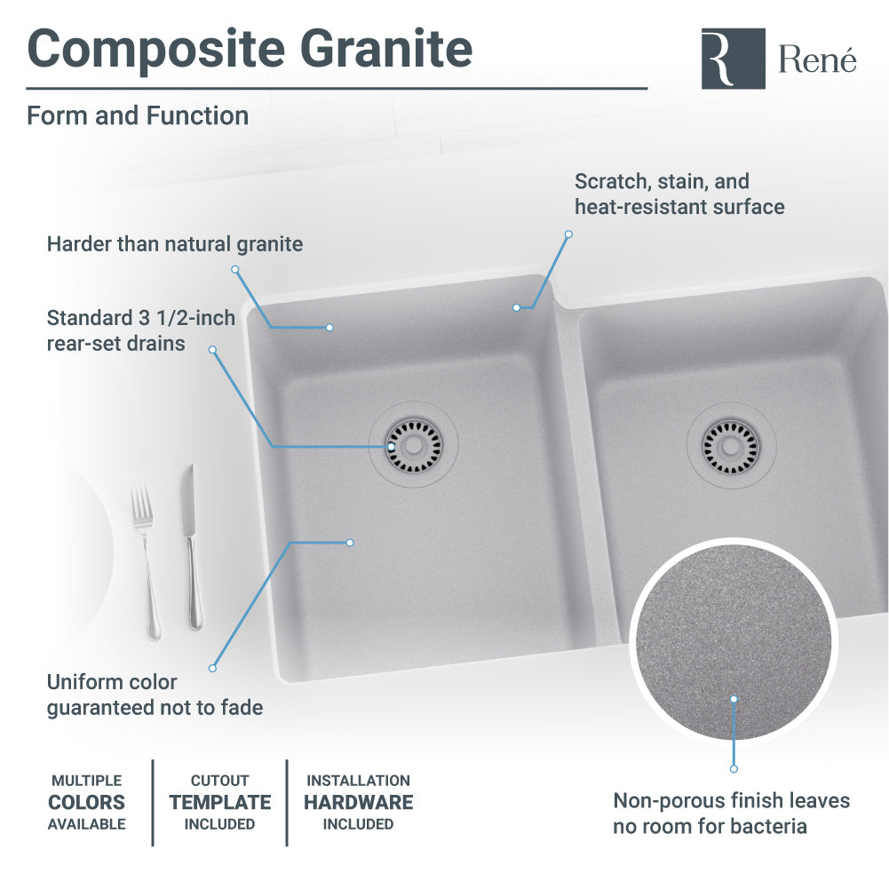 Rene 33" Composite Granite Kitchen Sink, 55/45 Double Bowl, Pewter, R3-1001-PWT-ST-CGF - The Sink Boutique