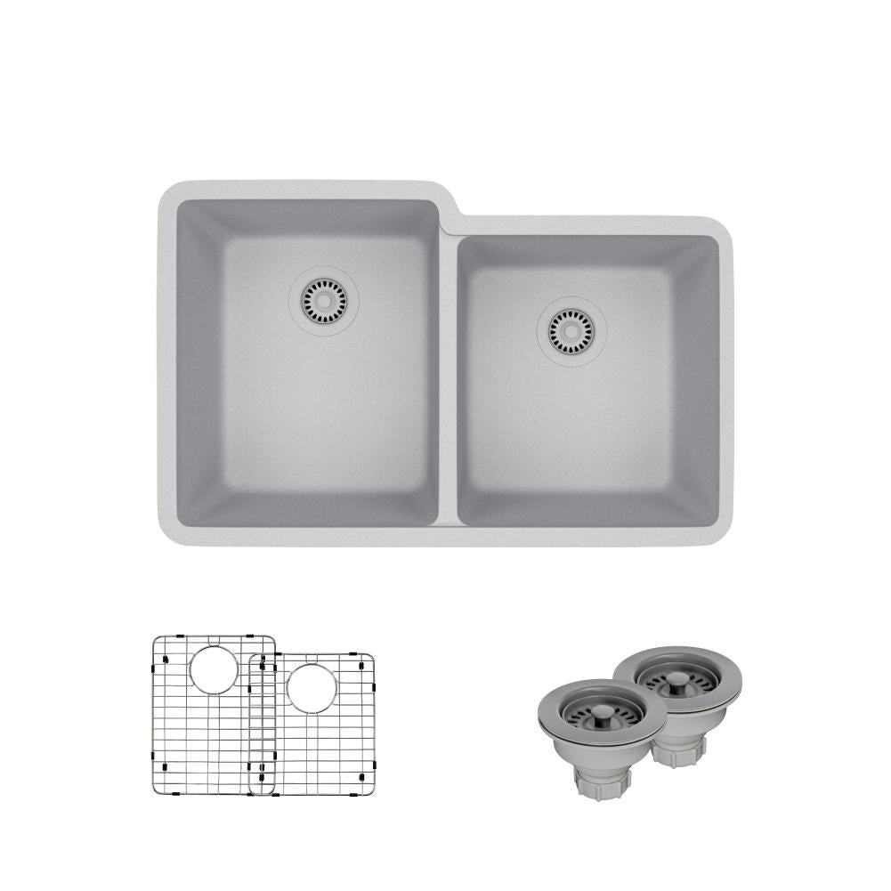 Rene 33" Composite Granite Kitchen Sink, 55/45 Double Bowl, Pewter, R3-1001-PWT-ST-CGS