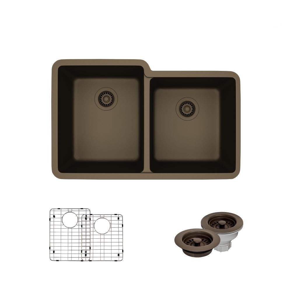 Rene 33" Composite Granite Kitchen Sink, 55/45 Double Bowl, Umber, R3-1001-UMB-ST-CGF