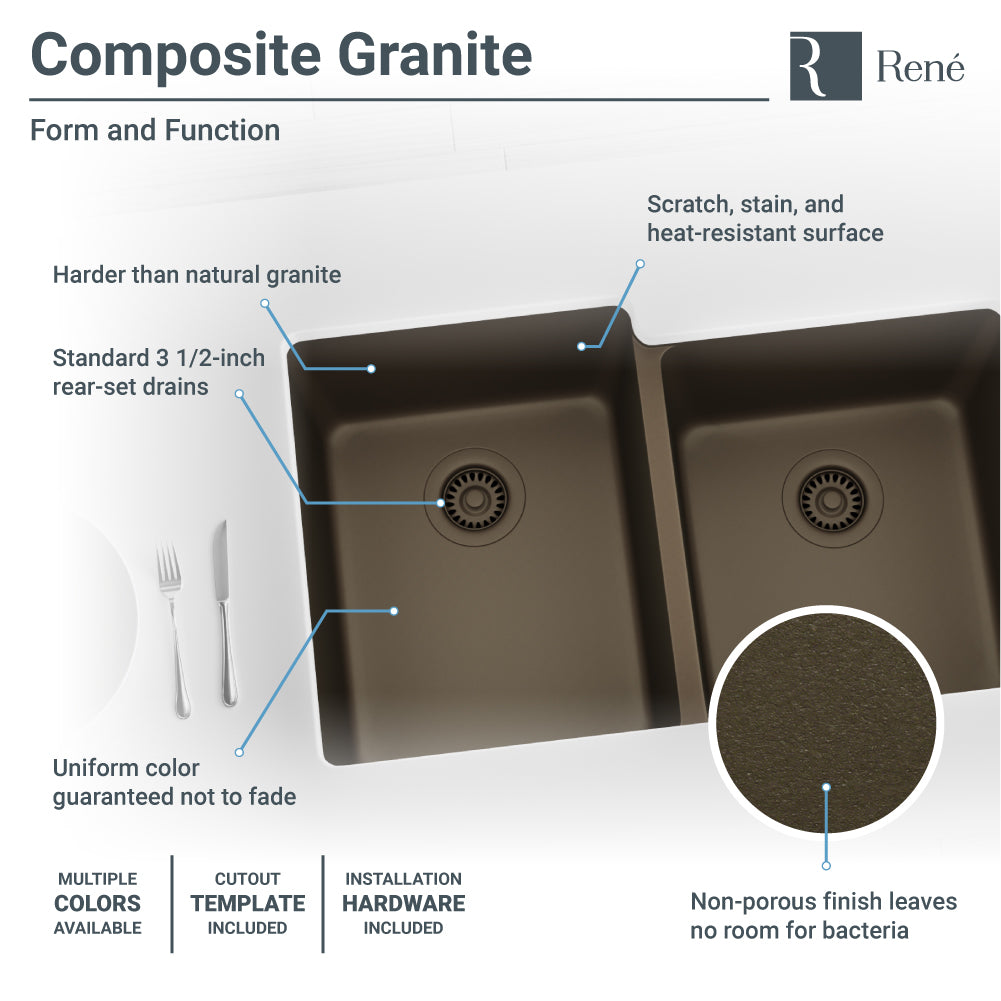 Rene 33" Composite Granite Kitchen Sink, 55/45 Double Bowl, Umber, R3-1001-UMB-ST-CGF - The Sink Boutique