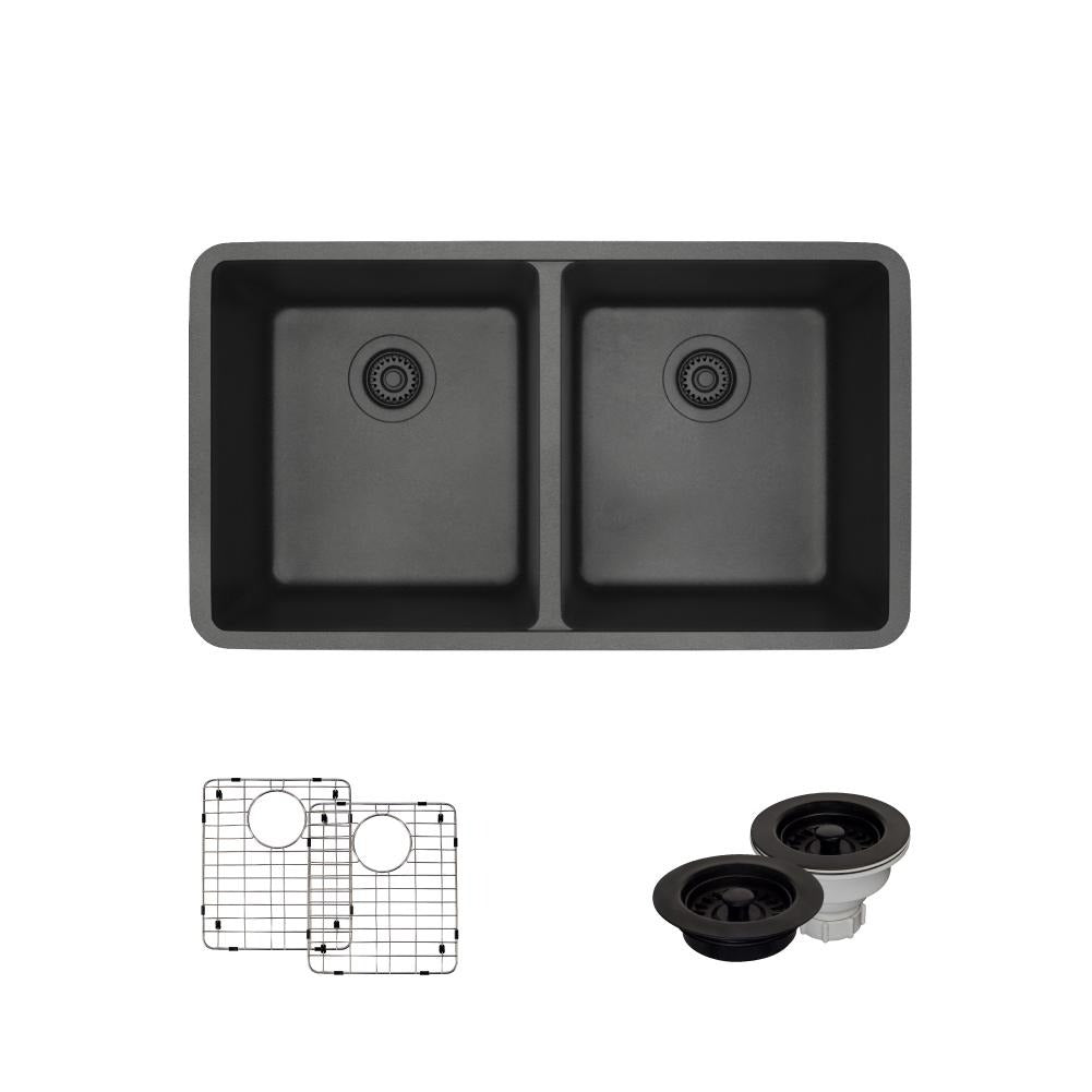 Rene 33" Composite Granite Kitchen Sink, 50/50 Double Bowl, Carbon, R3-1002-CAR-ST-CGF