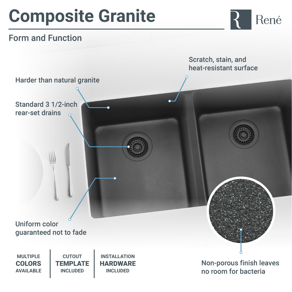 Rene 33" Composite Granite Kitchen Sink, 50/50 Double Bowl, Carbon, R3-1002-CAR-ST-CGF - The Sink Boutique
