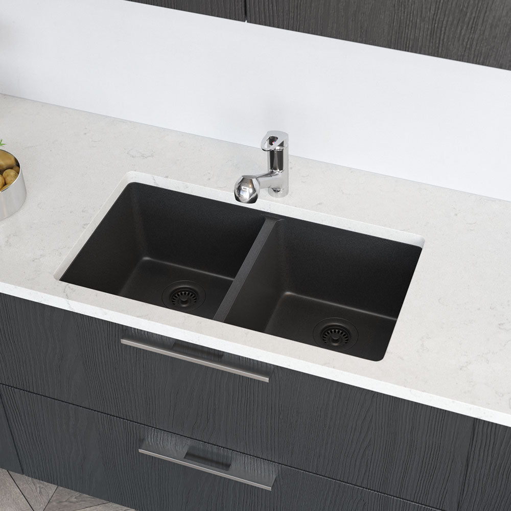 Alternate Image for Rene 33" Composite Granite Kitchen Sink, 50/50 Double Bowl, Carbon, R3-1002-CAR-ST-CGF