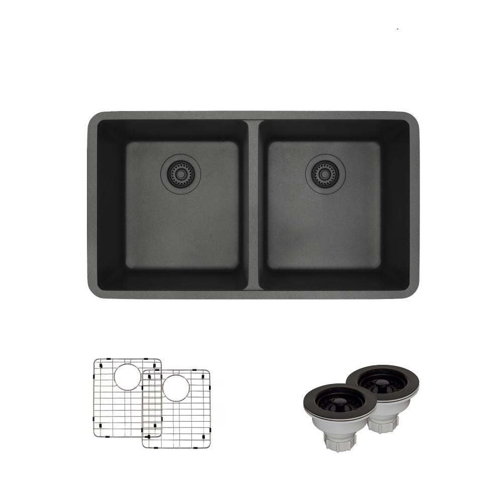 Rene 33" Composite Granite Kitchen Sink, 50/50 Double Bowl, Carbon, R3-1002-CAR-ST-CGS