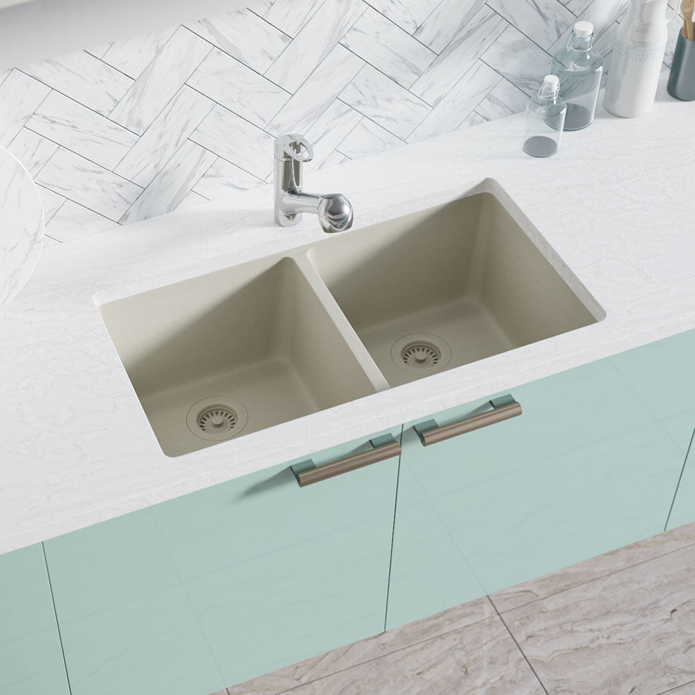 Alternate Image for Rene 33" Composite Granite Kitchen Sink, 50/50 Double Bowl, Concrete, R3-1002-CON-ST-CGS
