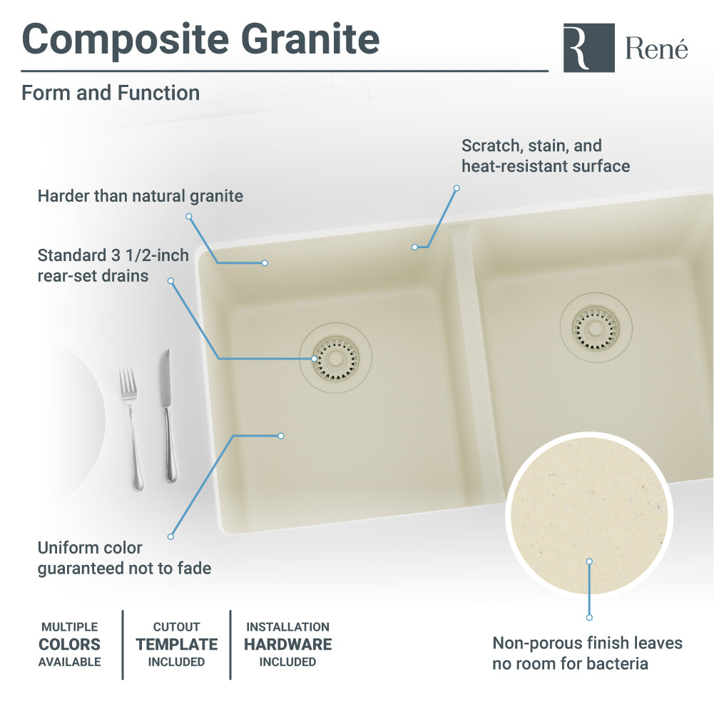 Alternate Image for Rene 33" Composite Granite Kitchen Sink, 50/50 Double Bowl, Ecru, R3-1002-ECR-ST-CGS