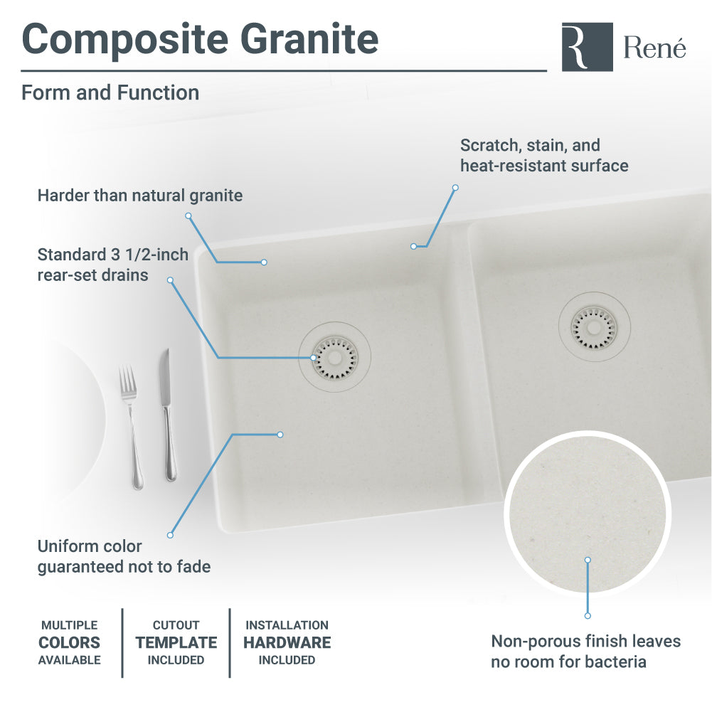 Rene 33" Composite Granite Kitchen Sink, 50/50 Double Bowl, Ivory, R3-1002-IVR-ST-CGF - The Sink Boutique