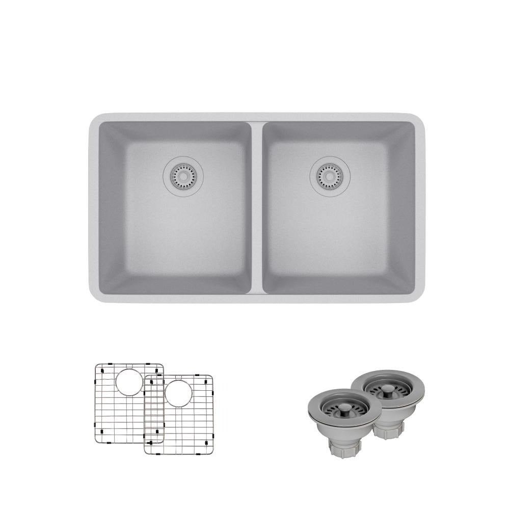 Rene 33" Composite Granite Kitchen Sink, 50/50 Double Bowl, Pewter, R3-1002-PWT-ST-CGS