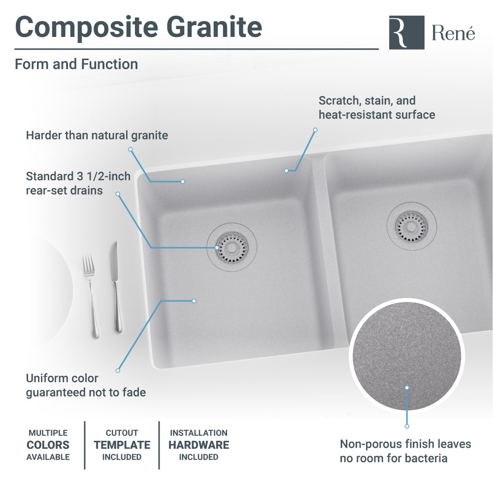 Rene 33" Composite Granite Kitchen Sink, 50/50 Double Bowl, Pewter, R3-1002-PWT-ST-CGS - The Sink Boutique