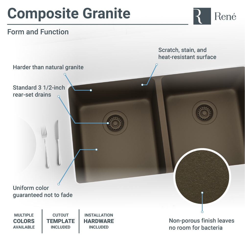 Rene 33" Composite Granite Kitchen Sink, 50/50 Double Bowl, Umber, R3-1002-UMB-ST-CGF - The Sink Boutique