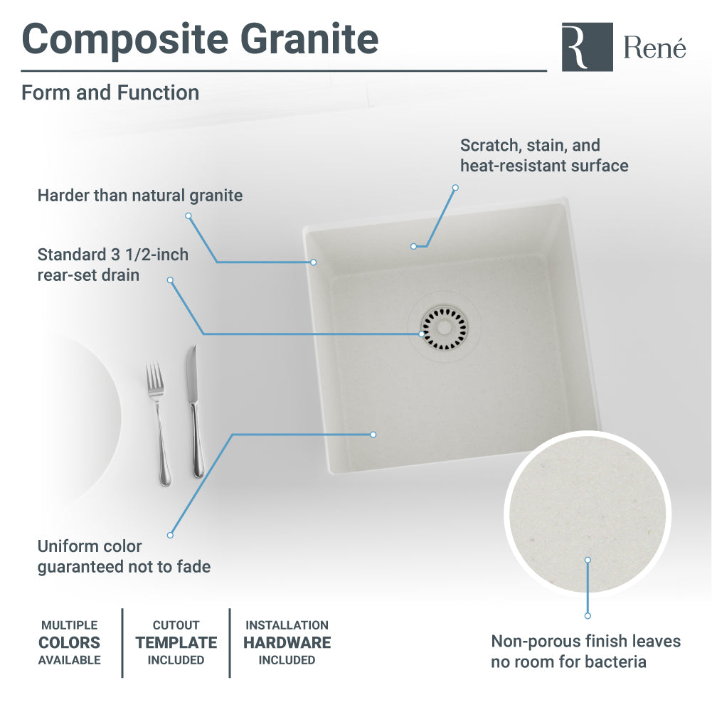 Rene 18" Composite Granite Kitchen Sink, Ivory, R3-1003-IVR-ST-CGS - The Sink Boutique