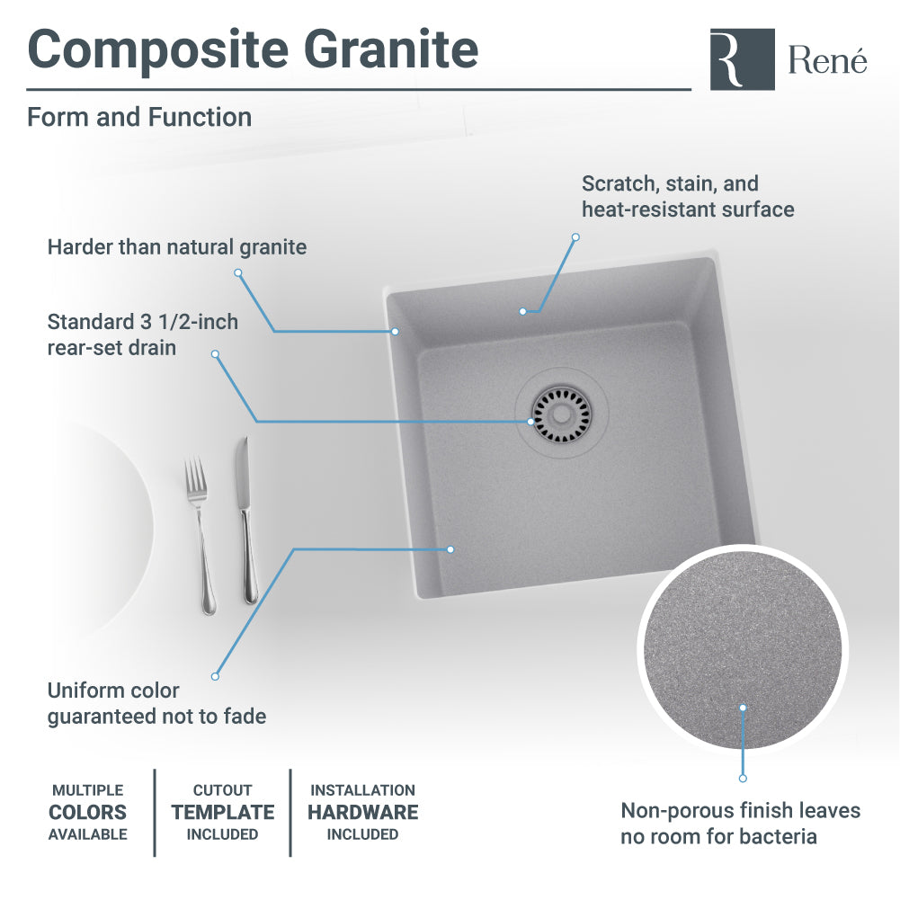 Rene 18" Composite Granite Kitchen Sink, Pewter, R3-1003-PWT-ST-CGS - The Sink Boutique