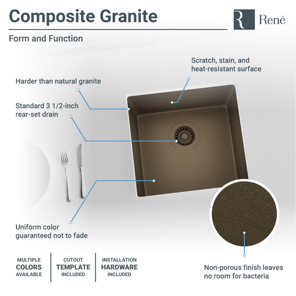 Rene 18" Composite Granite Kitchen Sink, Umber, R3-1003-UMB-ST-CGS - The Sink Boutique
