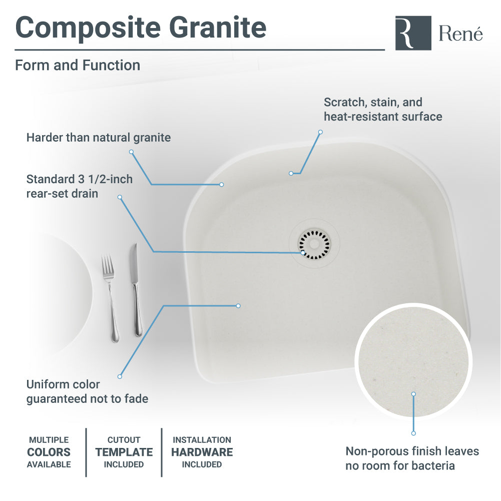 Rene 25" Composite Granite Kitchen Sink, Ivory, R3-1005-IVR-ST-CGS - The Sink Boutique