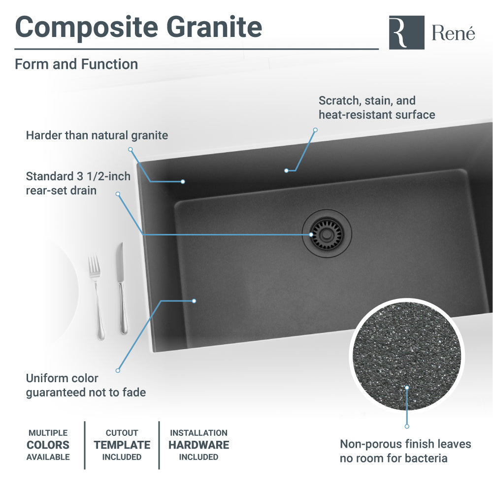 Rene 33" Composite Granite Kitchen Sink, Carbon, R3-1006-CAR-ST-CGF - The Sink Boutique