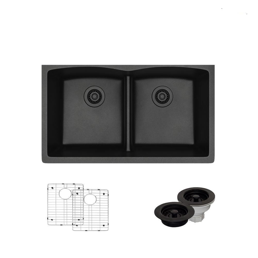 Rene 33" Composite Granite Kitchen Sink, 50/50 Double Bowl, Carbon, R3-1007-CAR-ST-CGF