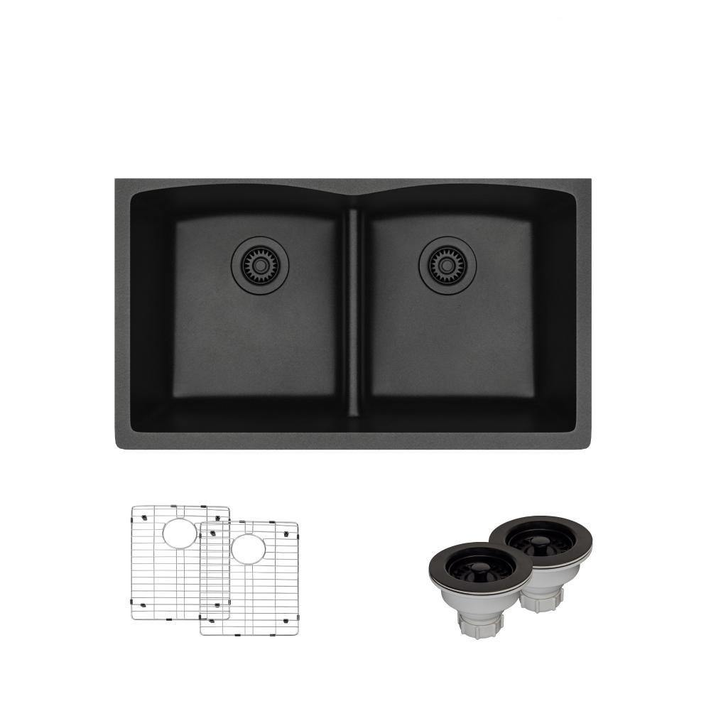 Rene 33" Composite Granite Kitchen Sink, 50/50 Double Bowl, Carbon, R3-1007-CAR-ST-CGS