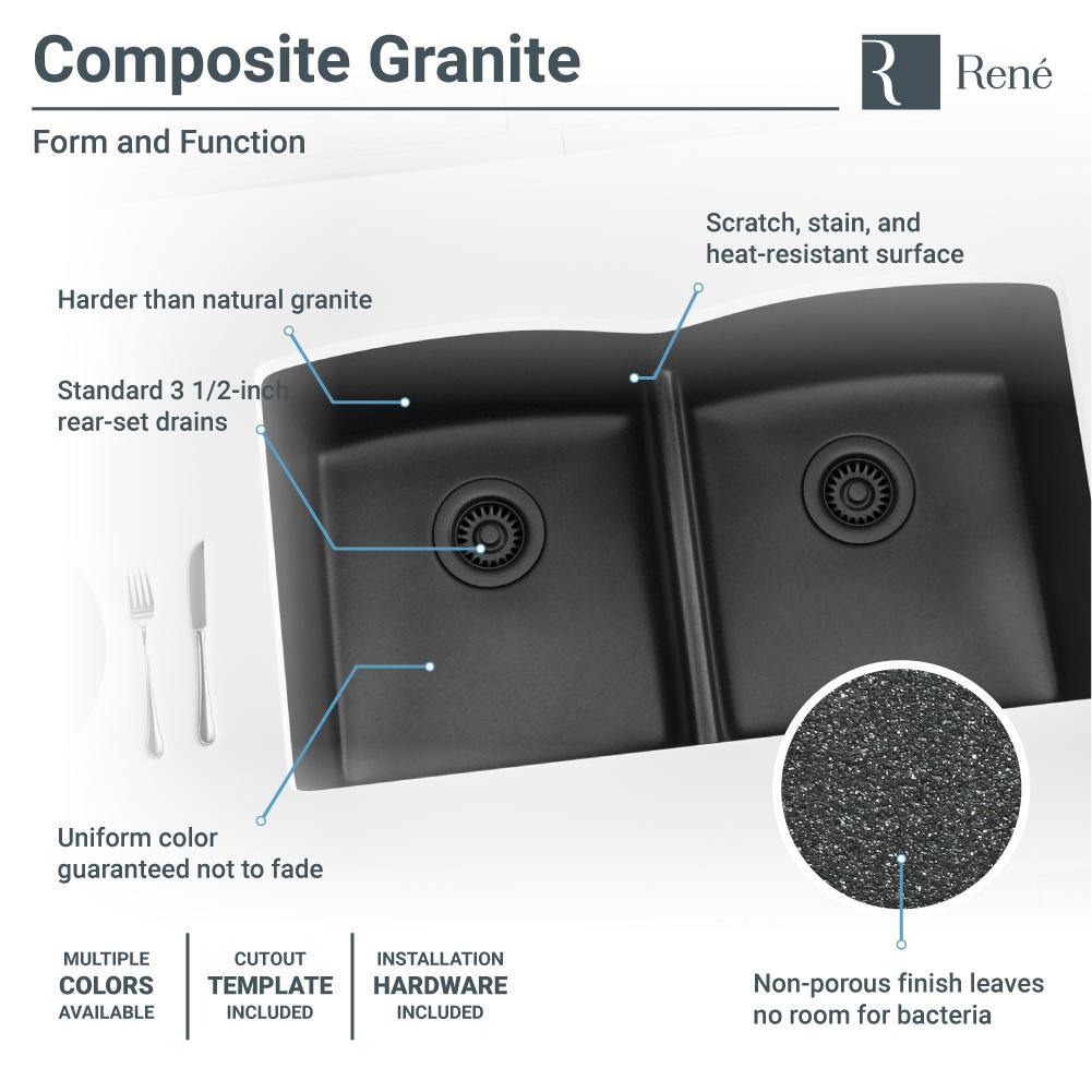 Rene 33" Composite Granite Kitchen Sink, 50/50 Double Bowl, Carbon, R3-1007-CAR-ST-CGS - The Sink Boutique