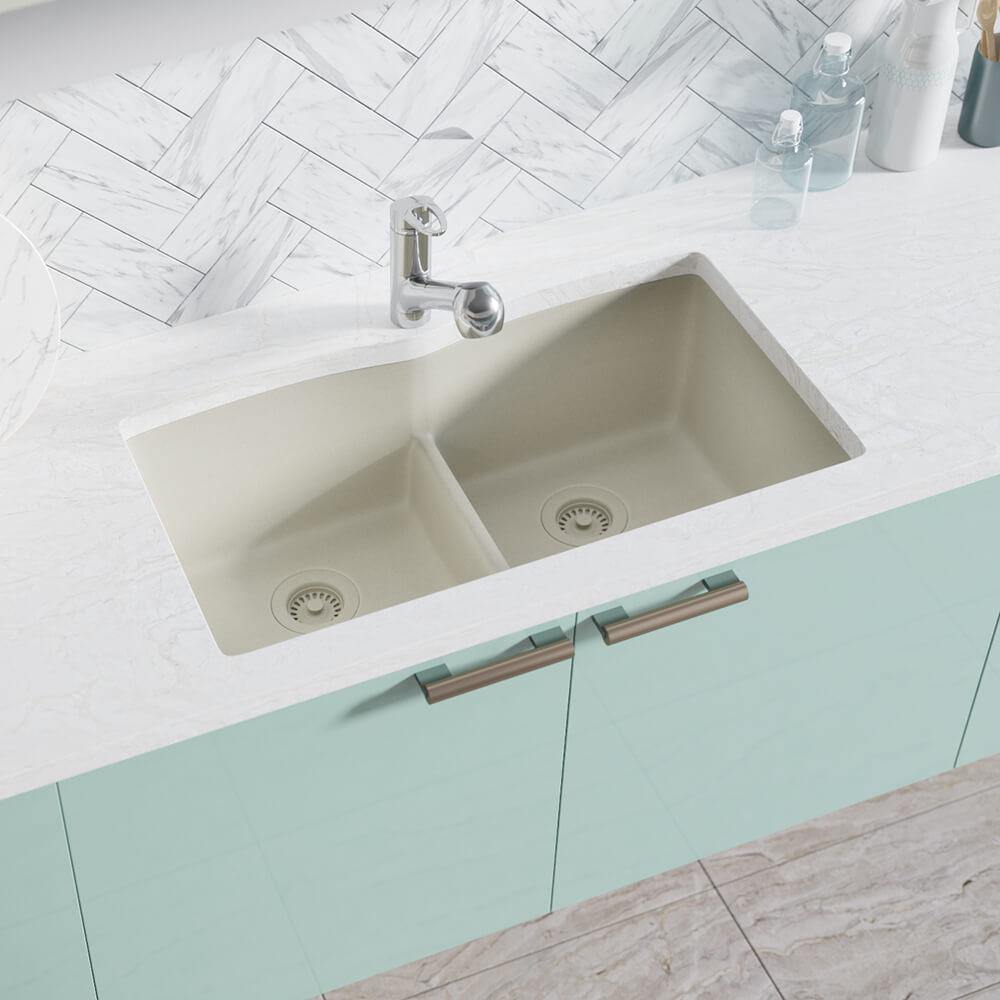 Alternate Image for Rene 33" Composite Granite Kitchen Sink, 50/50 Double Bowl, Concrete, R3-1007-CON-ST-CGS