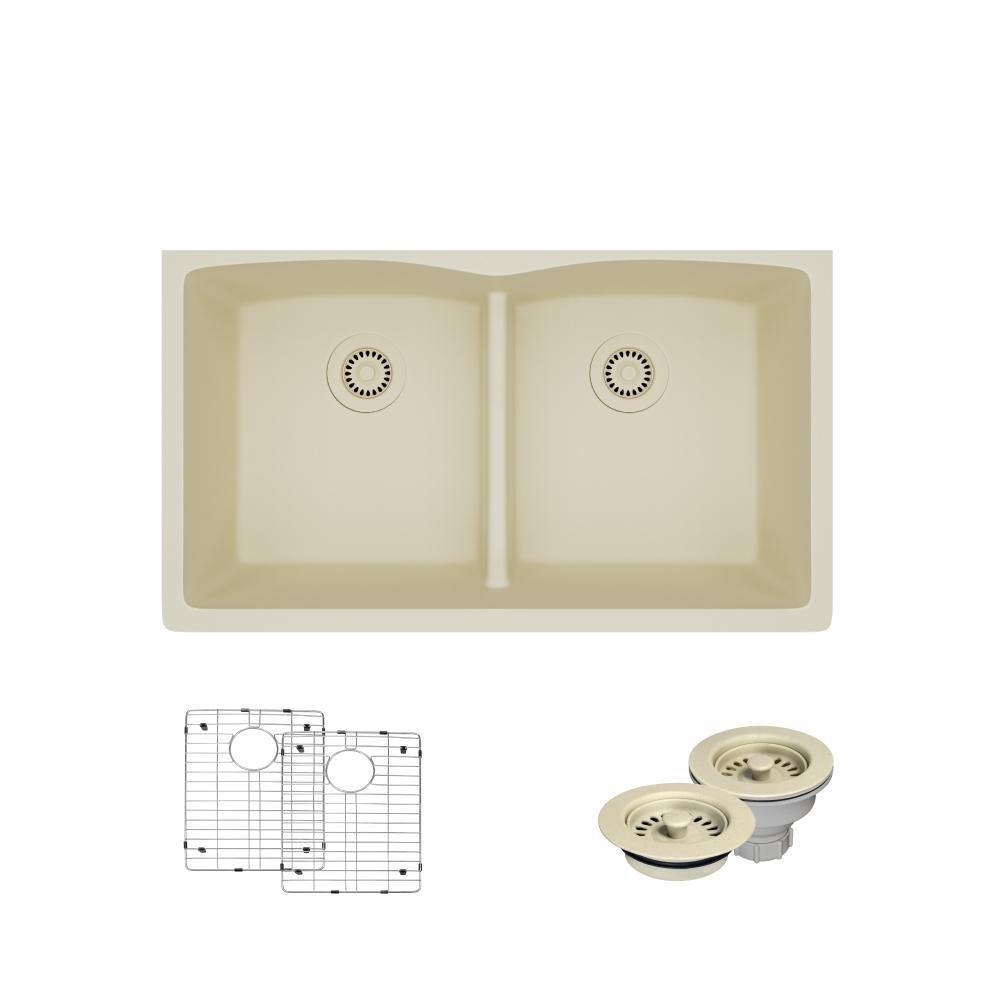 Alternate Image for Rene 33" Composite Granite Kitchen Sink, 50/50 Double Bowl, Ecru, R3-1007-ECR-ST-CGF