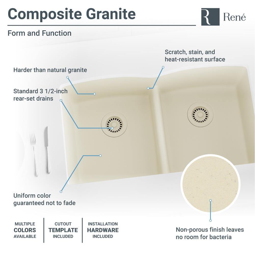 Alternate Image for Rene 33" Composite Granite Kitchen Sink, 50/50 Double Bowl, Ecru, R3-1007-ECR-ST-CGF