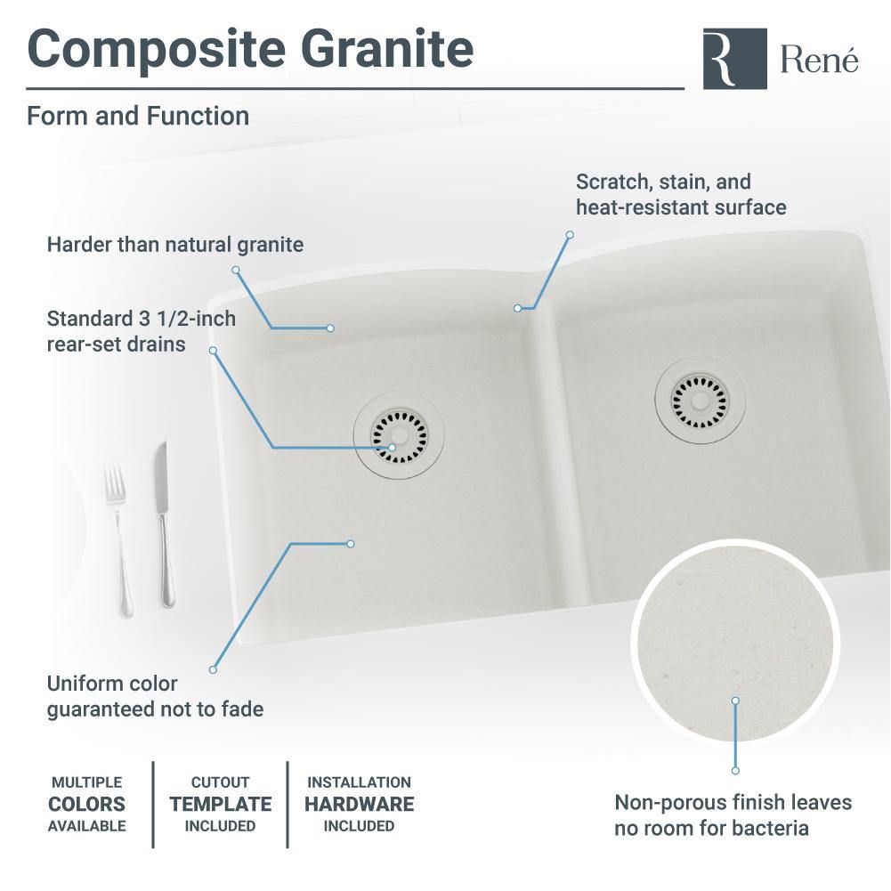 Rene 33" Composite Granite Kitchen Sink, 50/50 Double Bowl, Ivory, R3-1007-IVR-ST-CGF - The Sink Boutique
