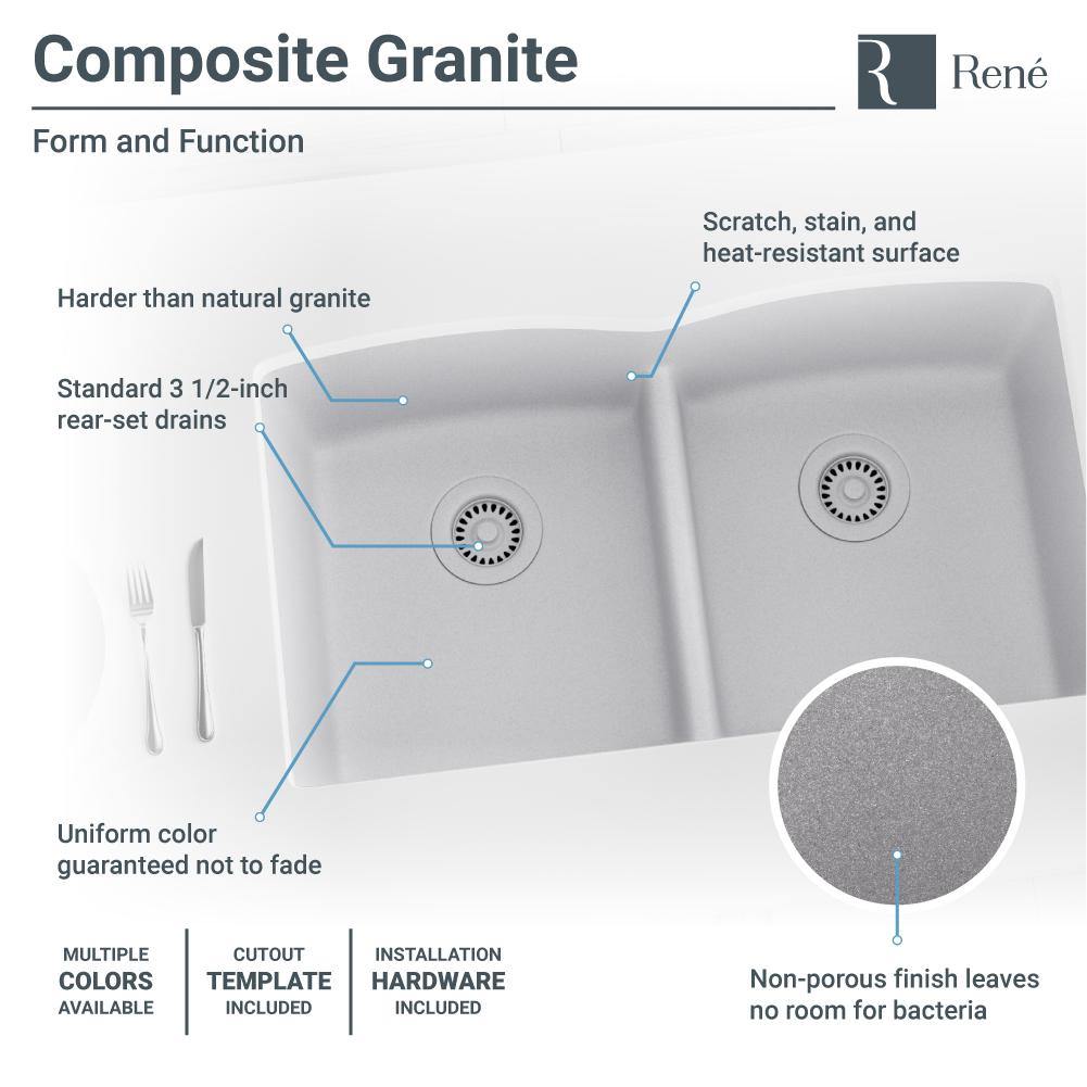 Rene 33" Composite Granite Kitchen Sink, 50/50 Double Bowl, Pewter, R3-1007-PWT-ST-CGF - The Sink Boutique