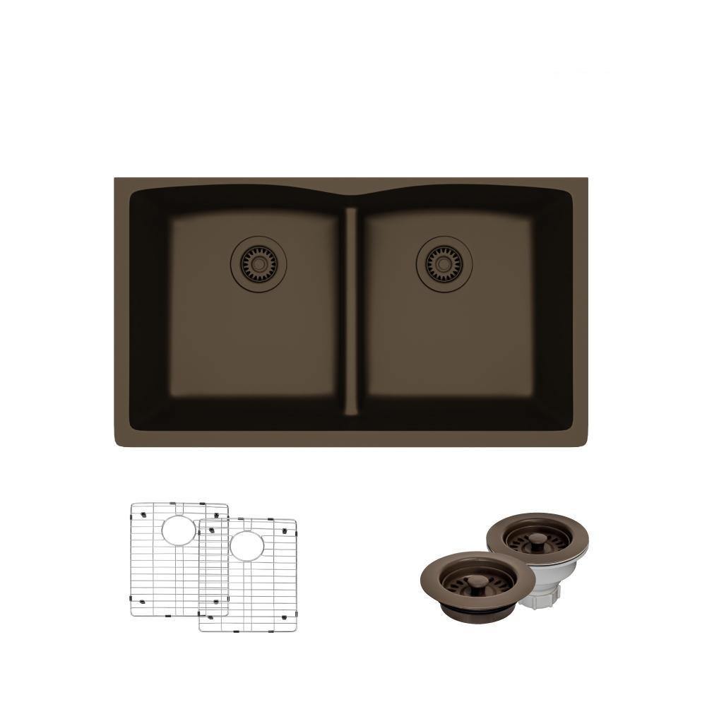 Rene 33" Composite Granite Kitchen Sink, 50/50 Double Bowl, Umber, R3-1007-UMB-ST-CGF