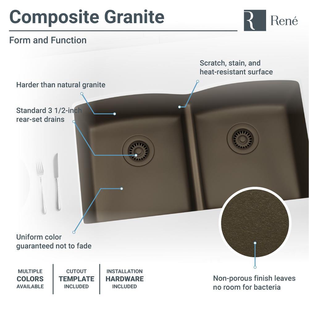 Rene 33" Composite Granite Kitchen Sink, 50/50 Double Bowl, Umber, R3-1007-UMB-ST-CGF - The Sink Boutique