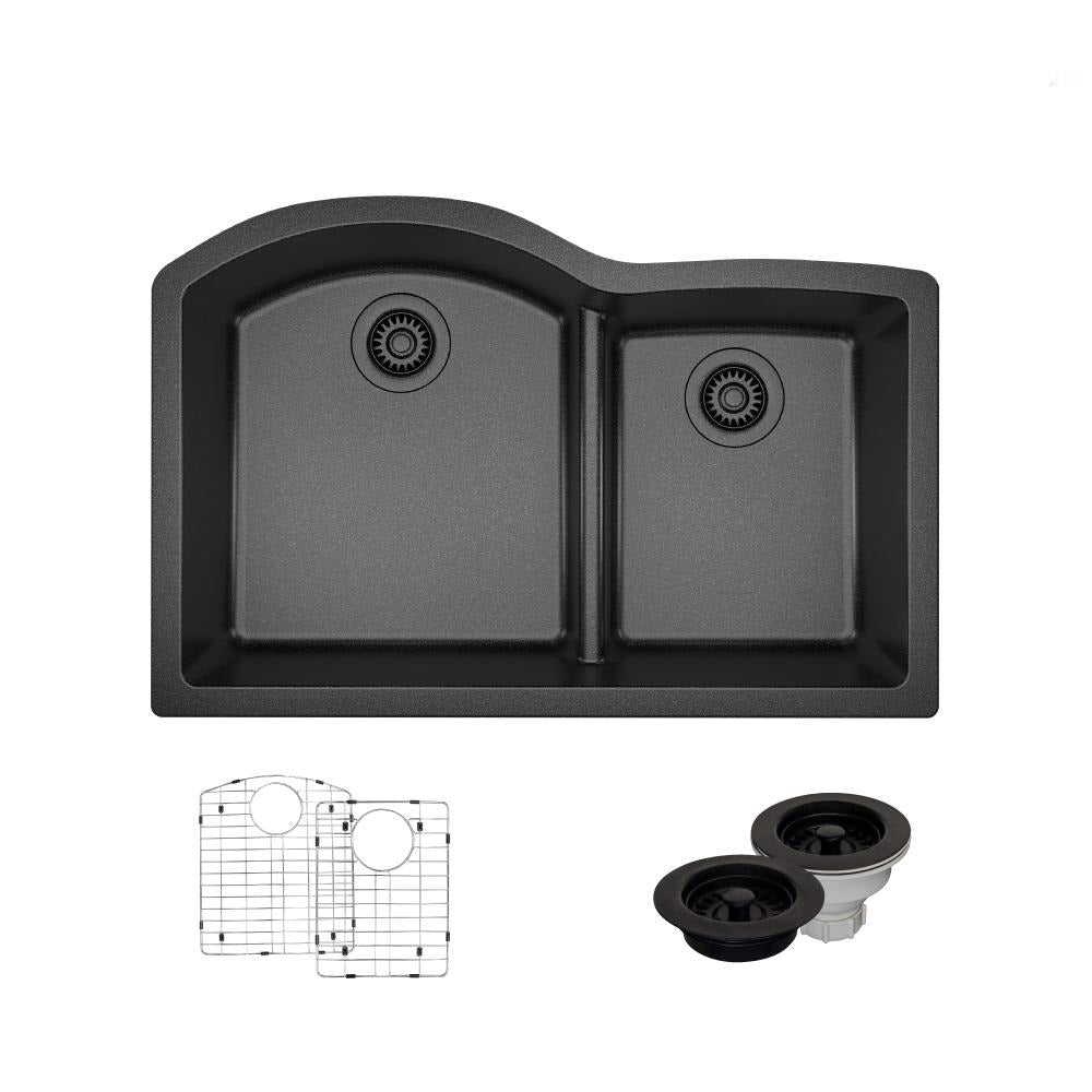 Rene 33" Composite Granite Kitchen Sink, 60/40 Double Bowl, Carbon, R3-1008-CAR-ST-CGF