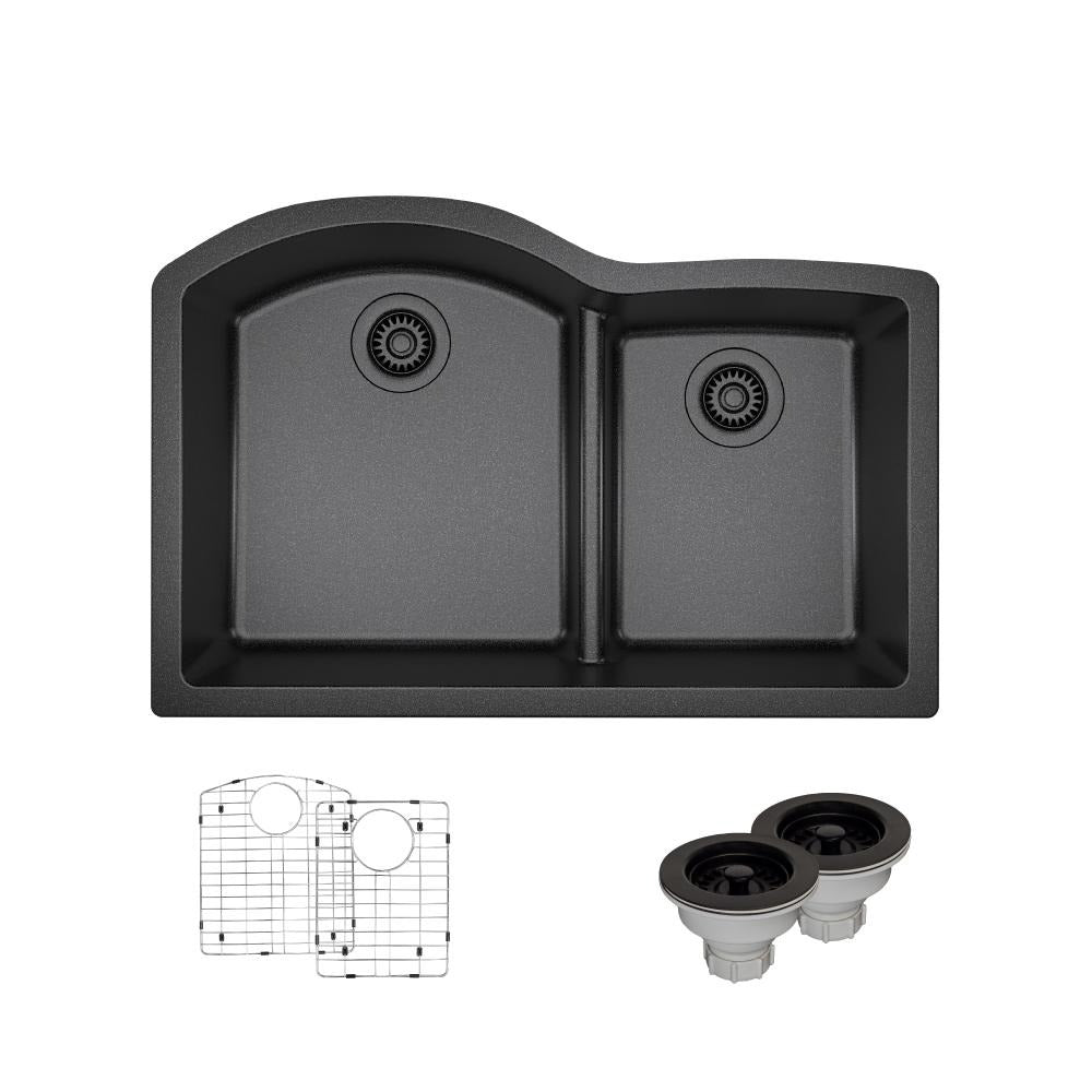 Rene 33" Composite Granite Kitchen Sink, 60/40 Double Bowl, Carbon, R3-1008-CAR-ST-CGS